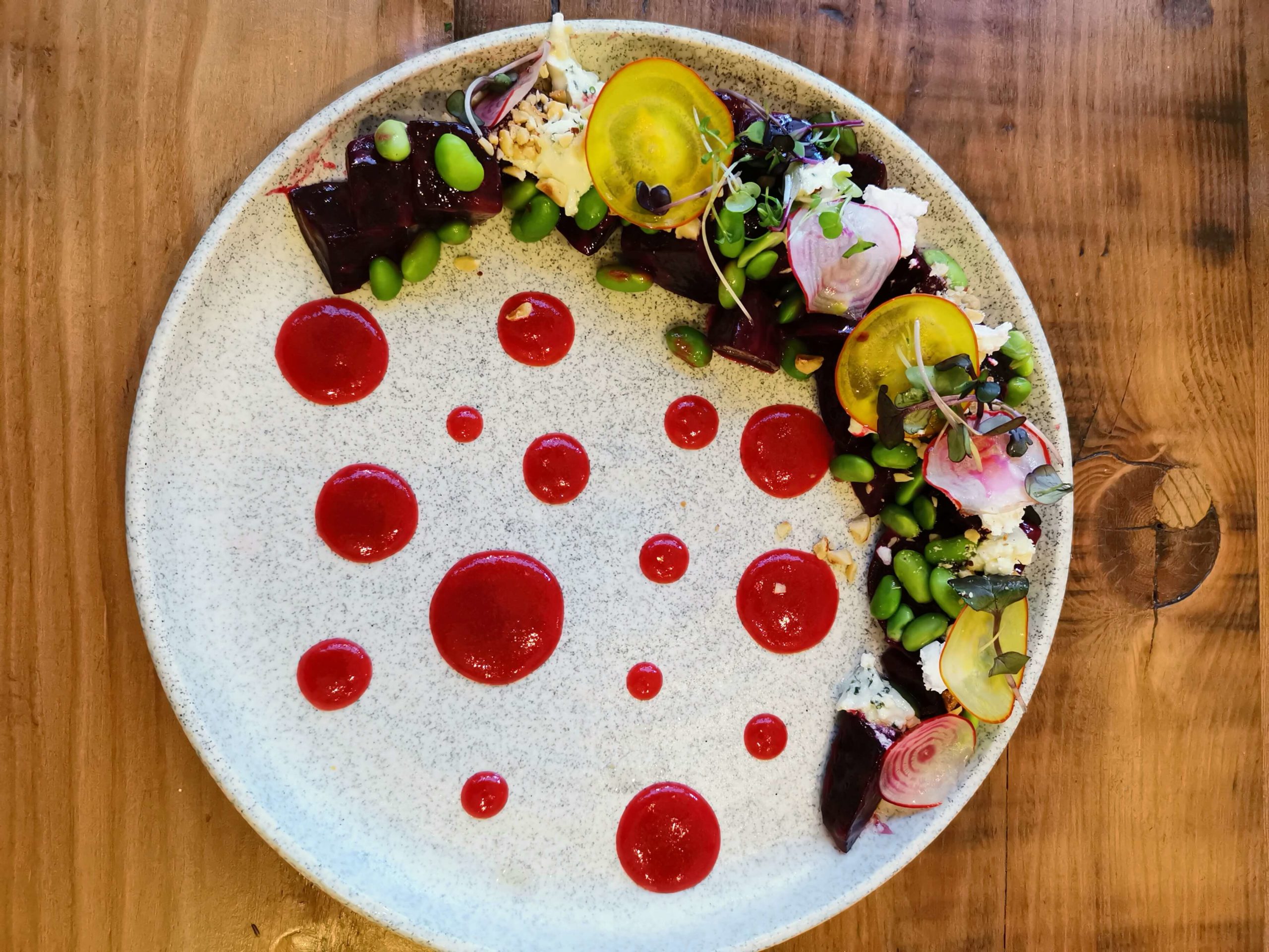 Auckland plant based eatery's beetroot three ways dish with coconut feta and edamame