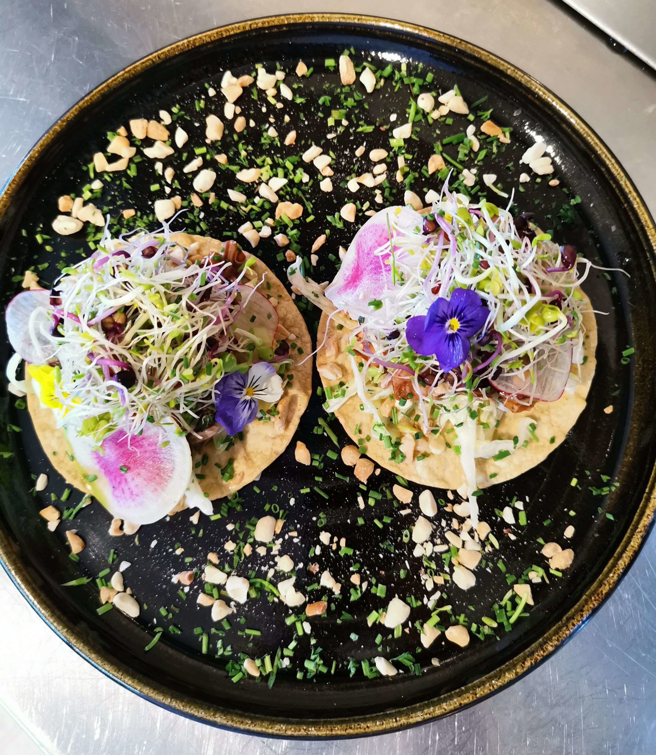 Auckland plant based eatery's vegan jackfruit tostadas, garnished with locally sourced organic micro-greens